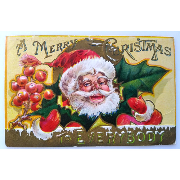 Santa Claus Christmas Postcard Jolly Saint Nick Giant Holly Leave Embossed - Picture 1 of 2